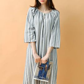 [Natural Garden] MADE N  Gatherneck Stripe Linen Dress_High-quality materials, linen materials, signature products_ Made in KOREA